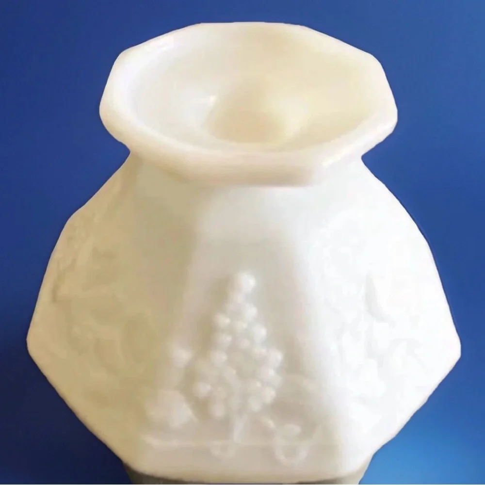 Milk Glass Fruit Bowl Pedestal Footed Grapevine Design Octogonal Shape Vintage